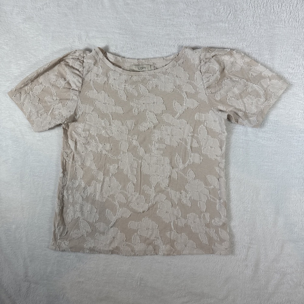 LOFT Pale Dusty Rose Cream Cotton Blend Textured Floral Short Sleeve Top Small‎